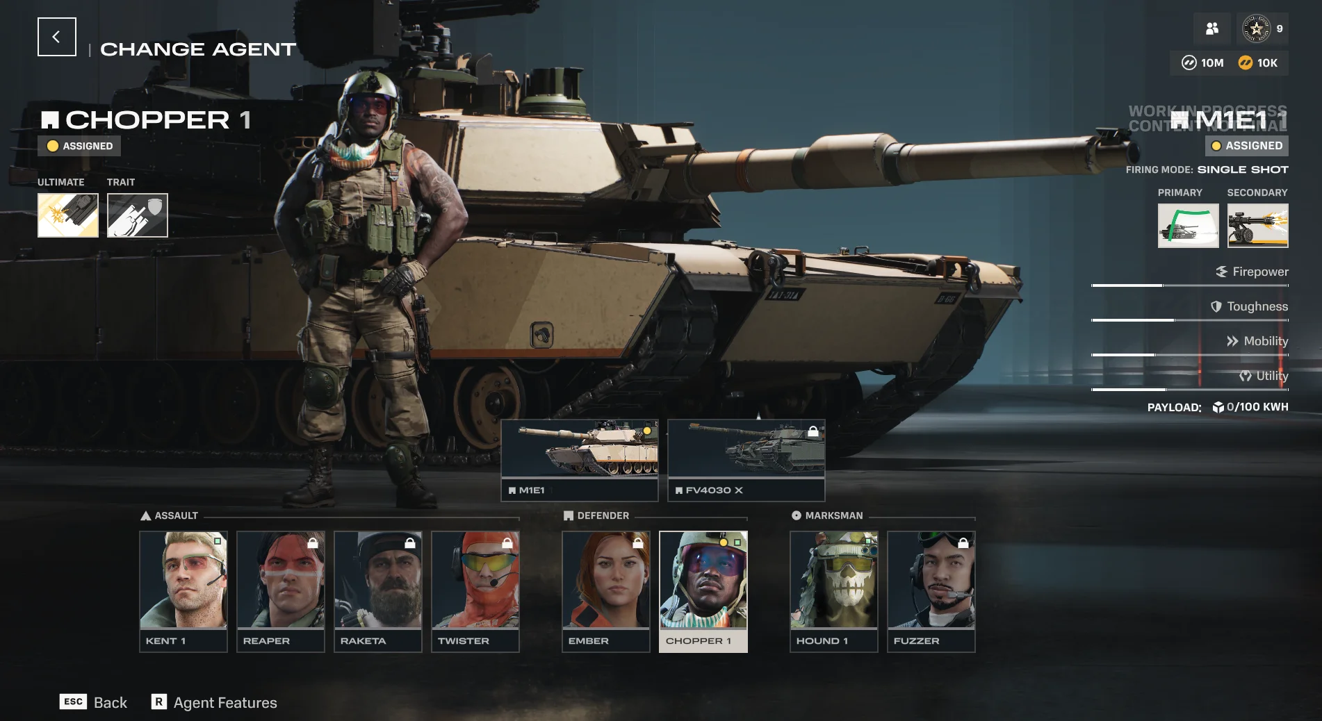 Agent selection and progression screen